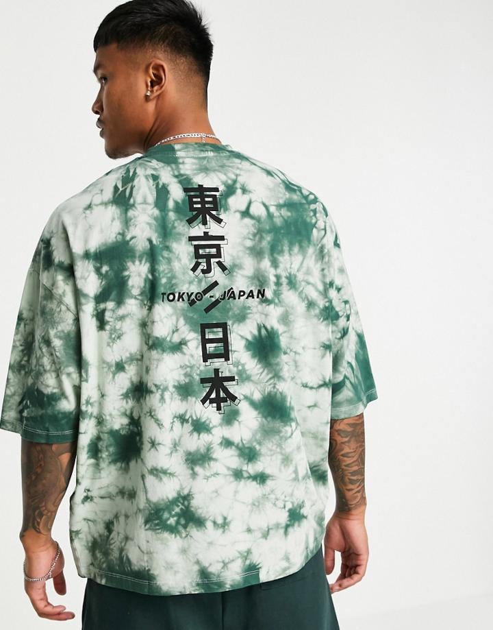 Asos Design Oversized T-shirt In Green Tie Dye With Back Print