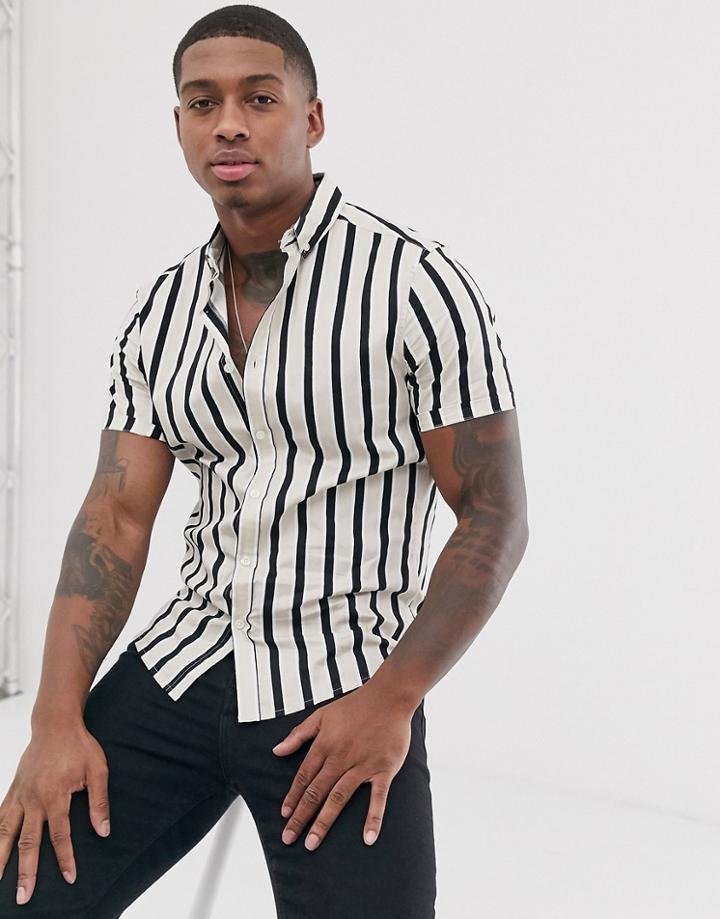 Asos Design Skinny Stripe Shirt In Ecru - White
