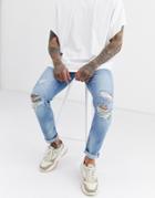 Only & Sons Skinny Fit Destroyed Jeans In Light Blue