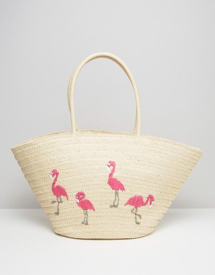 South Beach Embroidered Flamingo Straw Beach Bag - Multi