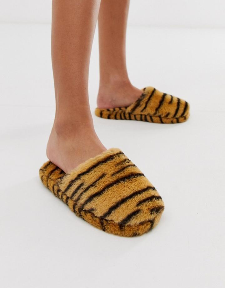 Asos Design Zingy Fur Slippers In Tiger-multi