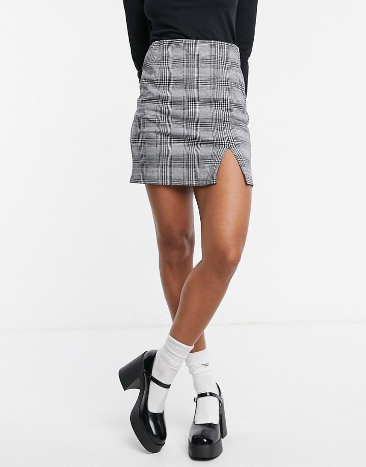 Stradivarius Split Detail Mini Skirt In Gray Check-grey