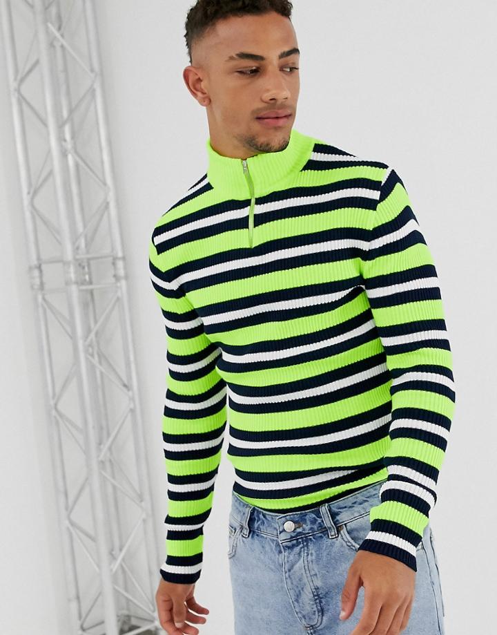 Asos Design Knitted Half Zip Sweater In Neon Stripe - Multi