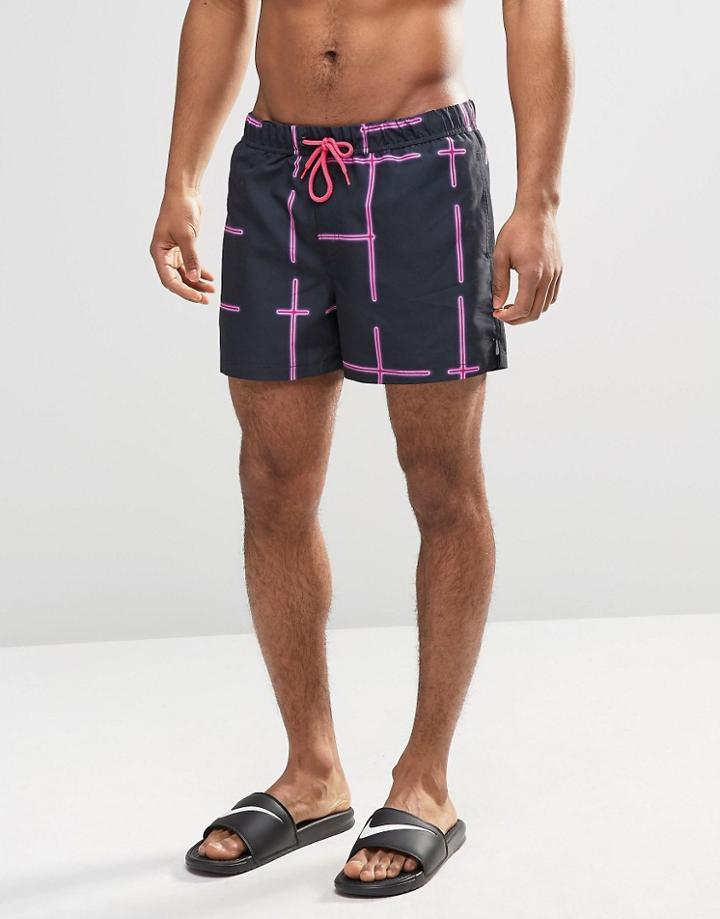 Asos Mid Length Swim Shorts With Neon Grid Check - Black