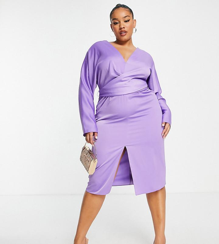 Asos Design Curve Midi Dress With Batwing Sleeve And Wrap Waist In Lilac Satin-purple