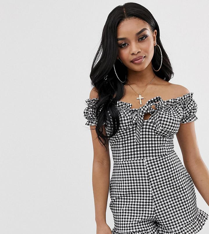 Missguided Petite Milkmaid Romper In Gingham Check - Multi
