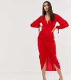 Unique21 Ruched Front Midi Dress-red