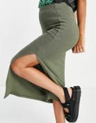Topshop Textured Rib Midi Skirt In Khaki-green