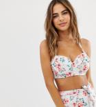 Peek & Beau Fuller Bust Floral Padded Bow Bandeau Bikini Top In White Multi - Multi