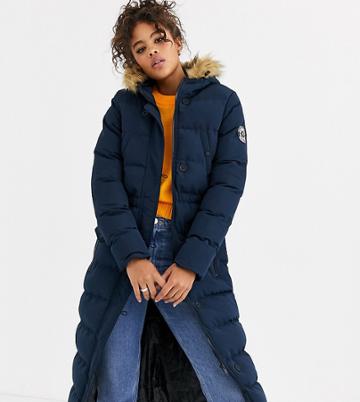 Brave Soul Tall Whitehorse Padded Long Jacket With Faux Fur Trim Hood-navy