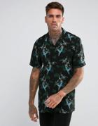 Pull & Bear Short Sleeve Viscose Shirt With Heron Print In Black - Black