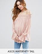 Asos Maternity Tall Off Shoulder Top With Shirring - Pink