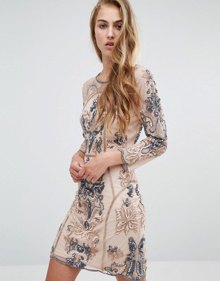 Miss Selfridge Long Sleeve Embellished Mini Dress - Pink