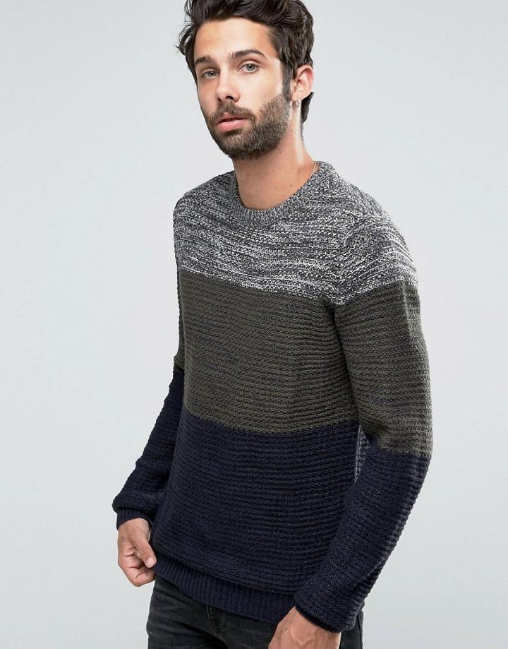 Pull & Bear Color Block Sweater In Khaki & Navy - Navy