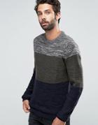 Pull & Bear Color Block Sweater In Khaki & Navy - Navy