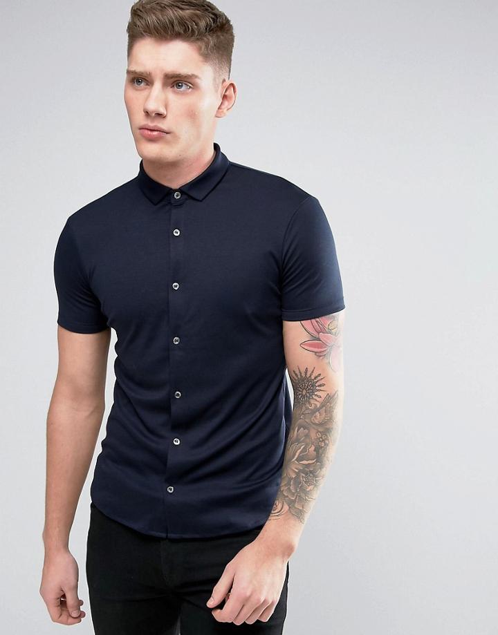 Armani Jeans Jersey Shirt Short Sleeve Slim Fit Stretch In Navy - Navy