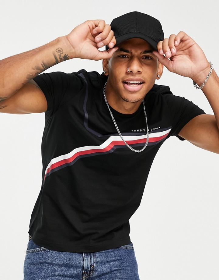 Tommy Hilfiger Split Chest Stripe T-shirt In Black