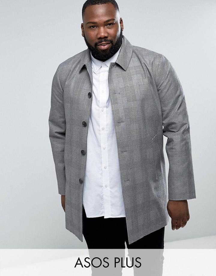 Asos Plus Shower Resistant Single Breasted Trench In Prince Of Wales Check - Multi