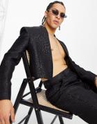 Asos Design Skinny Cropped Collarless Suit Jacket In Black Metallic Jacquard