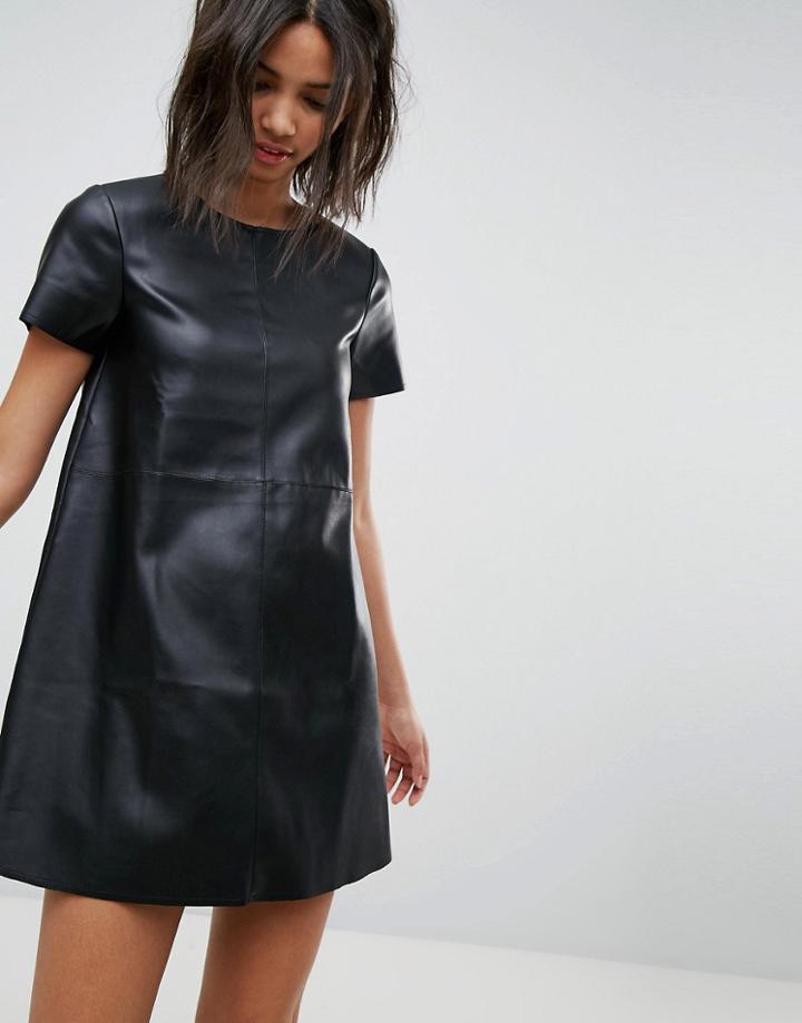 Stradivarius Leather Look Shift Dress - Black