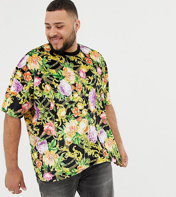 Asos Design Plus Oversized T-shirt In Velour With All Over Rose And Chain Print - Black