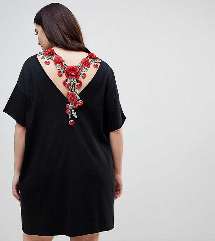 Asos Curve T-shirt Dress With Rose Embroidery - Black