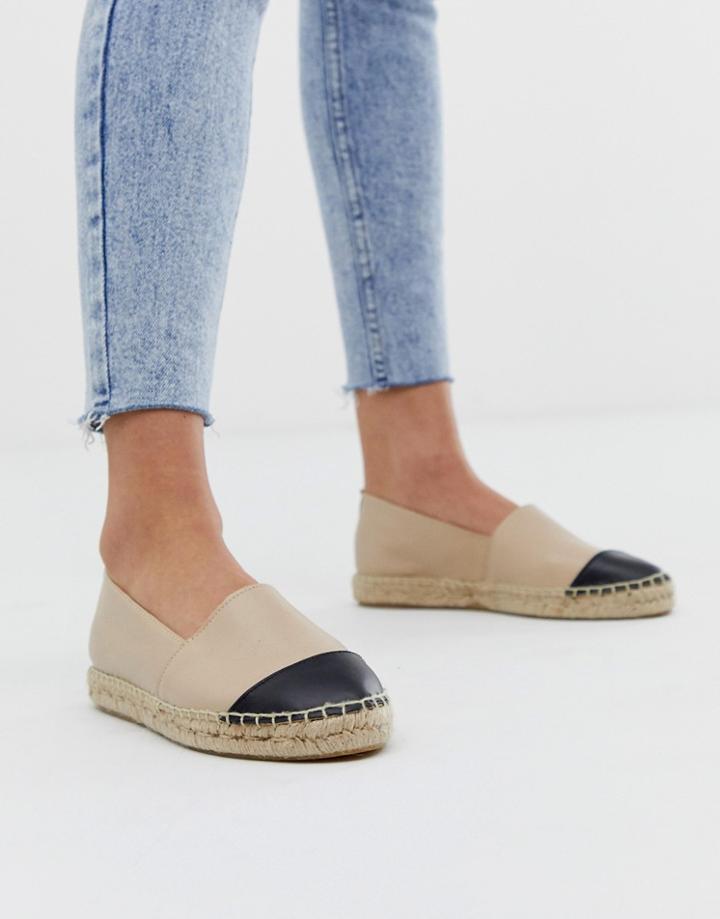 Office Lucky Beige Leather Flat Espadrilles With Black Toe Posts