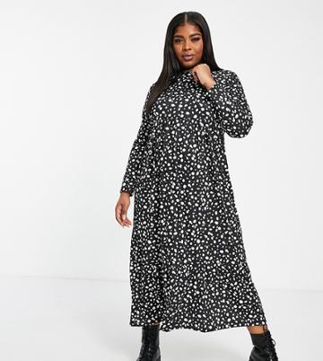 Street Collective Curve Jersey Long Sleeve Smock Pephem Midi Dress In Dalmation Print-black