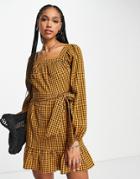 Lola May Tie Waist Mini Dress In Orange Check