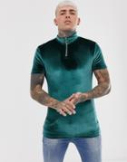 Asos Design Muscle T-shirt With Stretch And Turtle Zip Neck In Green Velour - Green