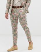 Gianni Feraud Wedding Skinny Fit Linen Blend Floral Suit Pants - Stone