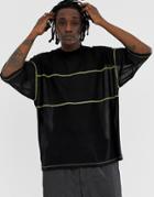 Asos Design Oversized T-shirt With Half Sleeve In Fine Mesh With Contrast Stitching-black