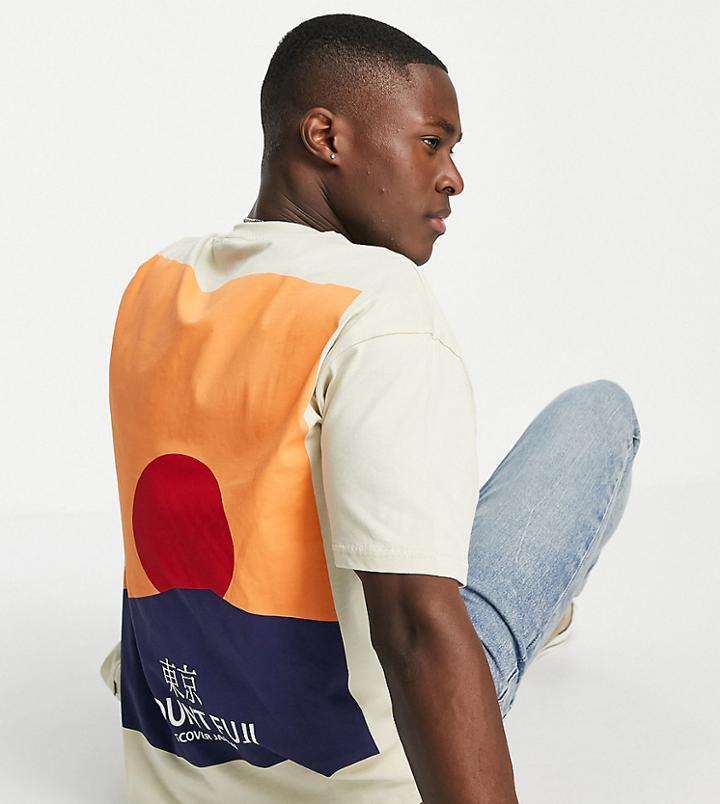 Only & Sons Oversized T-shirt With Mountain Sun Back Print In Beige Exclusive At Asos-neutral