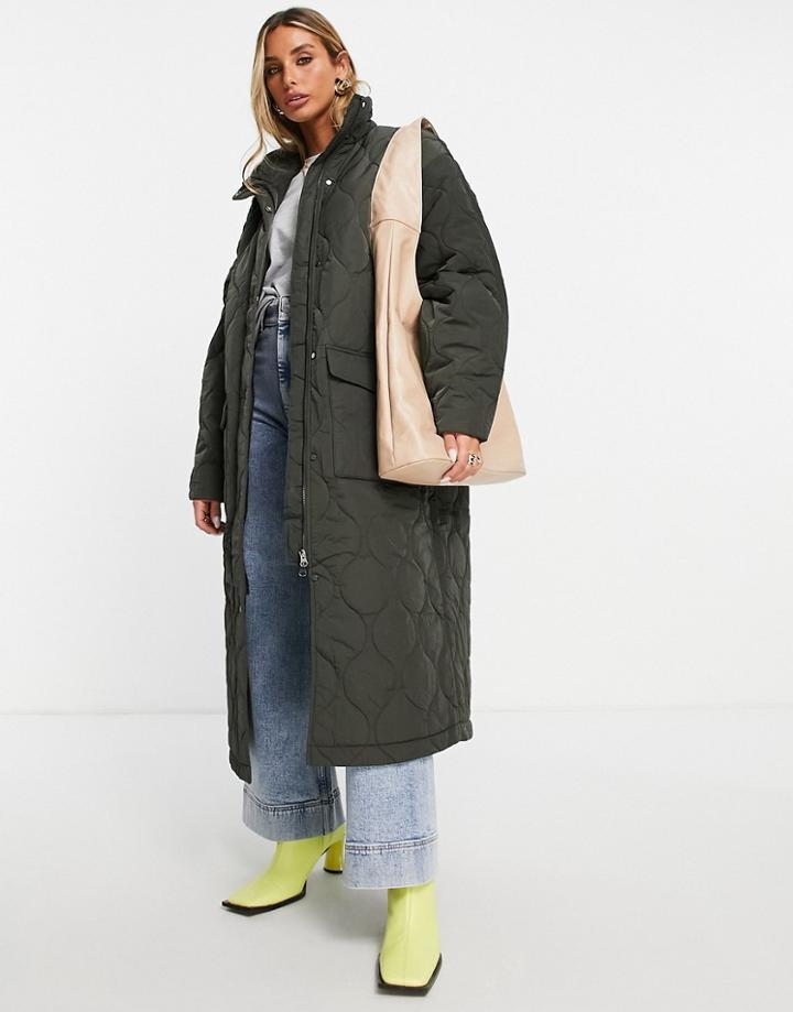 & Other Stories Recycled Polyamide Quilted Midi Coat In Dark Green-black