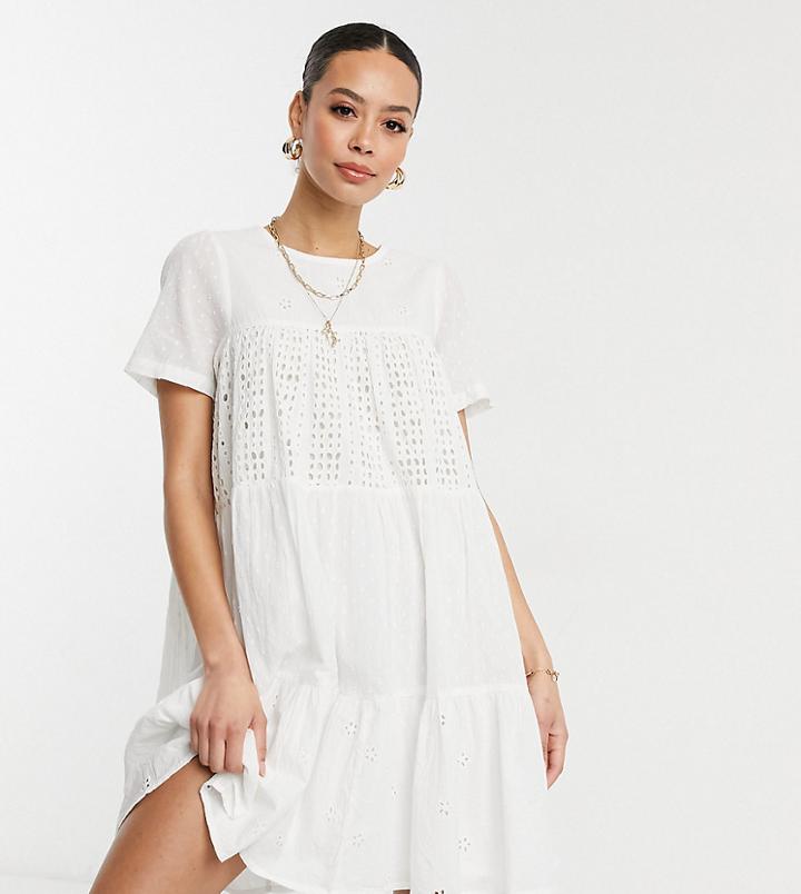 Asos Design Tall Mixed Broderie Mini Smock Dress In White