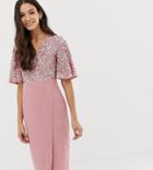 Maya Sequin Top Midi Pencil Dress With Flutter Sleeve Detail In Vintage Rose-pink
