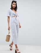 Asos Design Tea Jumpsuit With Cut Out And Tie Detail In Linen In Stripe - Multi