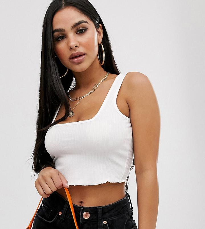 Asos Design Petite Crop Cami With Square Neck And Lettuce Hem In White - White