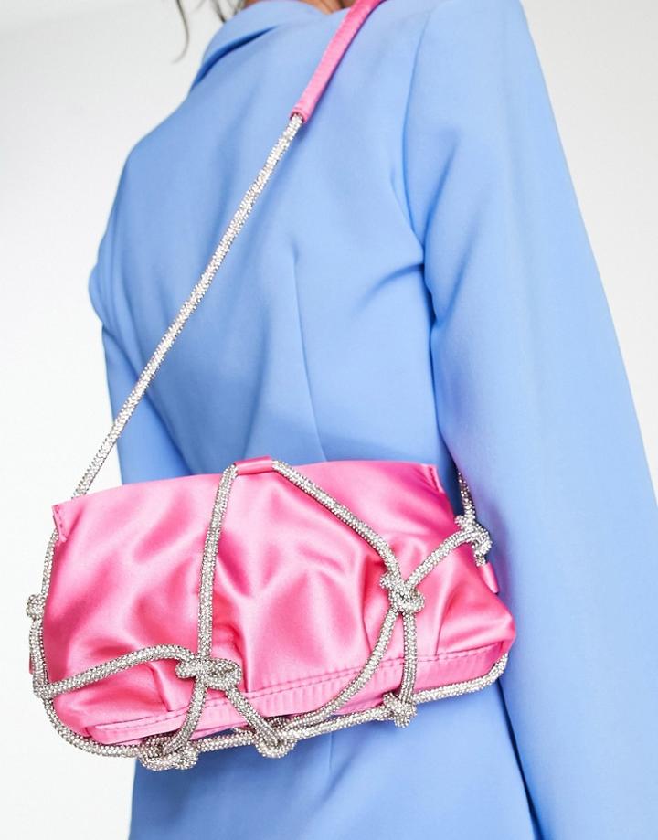 Asos Design Shoulder Bag With Crystal Strapping Detail In Pink