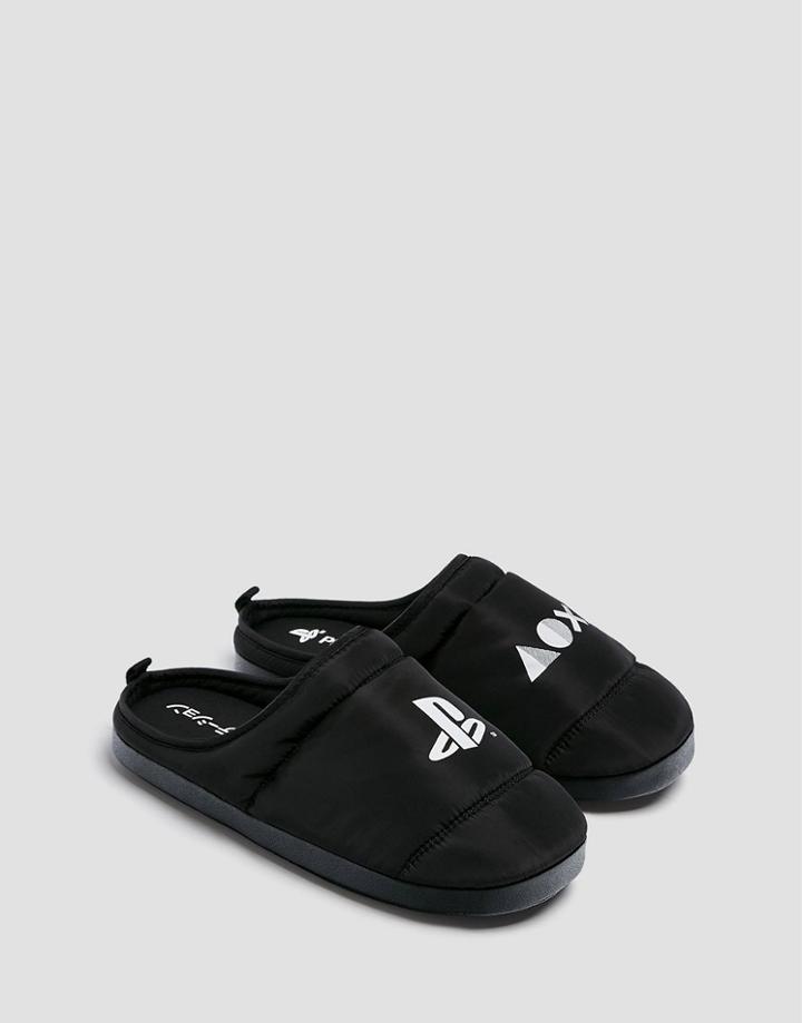 Pull & Bear Play Station Puffer Slippers In Black