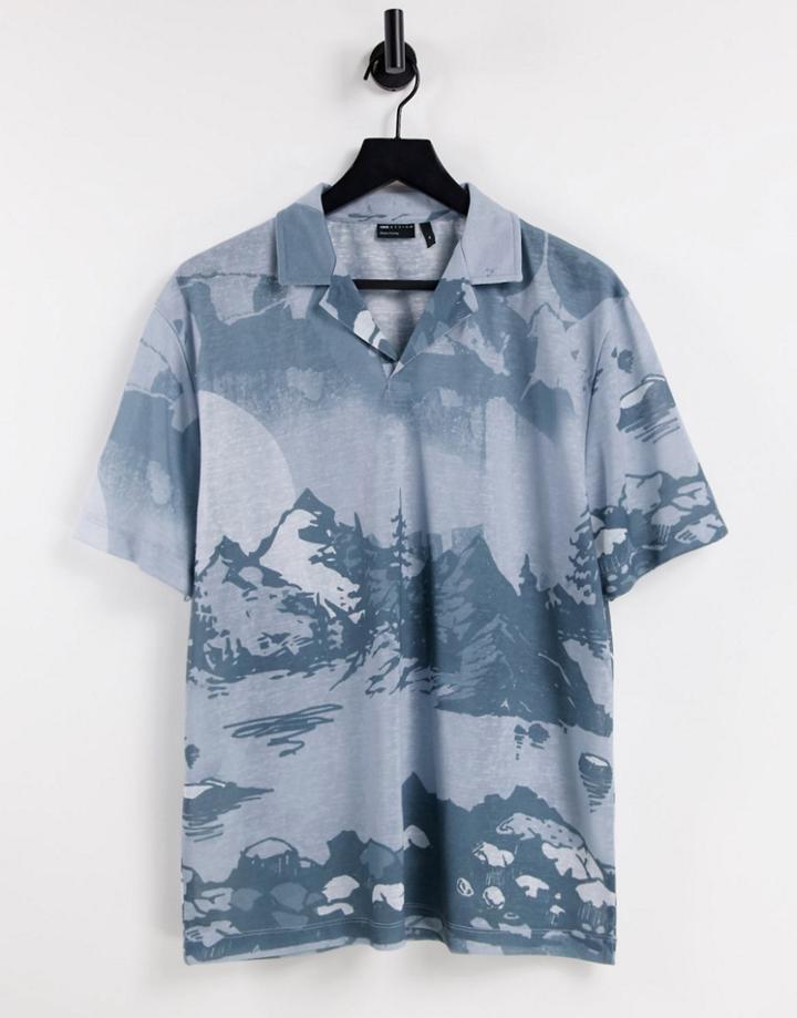 Asos Design Relaxed Overhead Revere Polo T-shirt In Mountain Print-multi