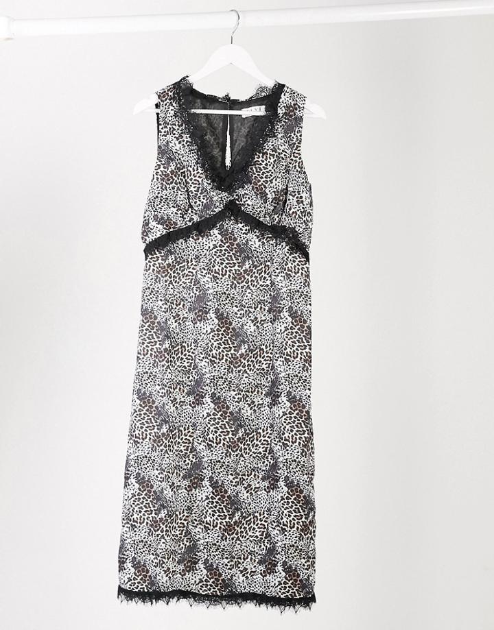 Elvi Lace Trim Midi Dress In Leopard Print-multi