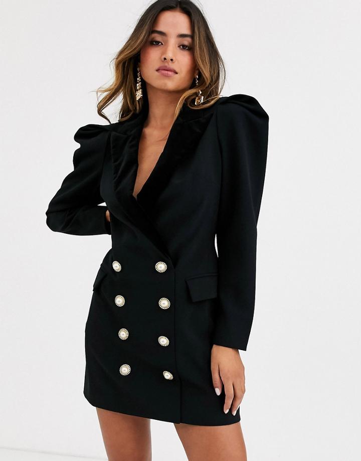 Ronny Kobo Mayaletta Statement Shoulder Blazer Dress With Buttons-black