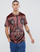 Asos Design Relaxed Longline T-shirt In Tile Print Velour - Orange