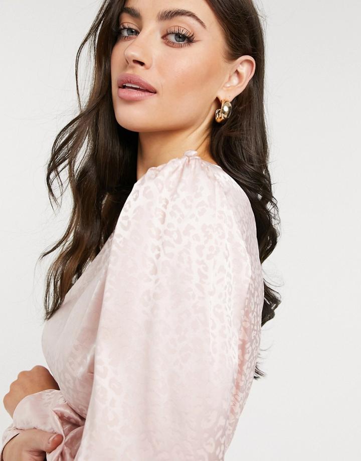 River Island Jacquard Satin Peplum Blouse In Pink