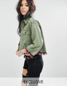 Milk It Vintage Cropped Shirt Jacket With Pom Pom Trim - Green