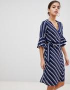 Unique21 Sleeve Striped Wrap Front Dress - Navy