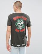 Asos Relaxed Longline T-shirt With Scoop Neck And Distressed Snake Skull Print With Acid Wash - Black