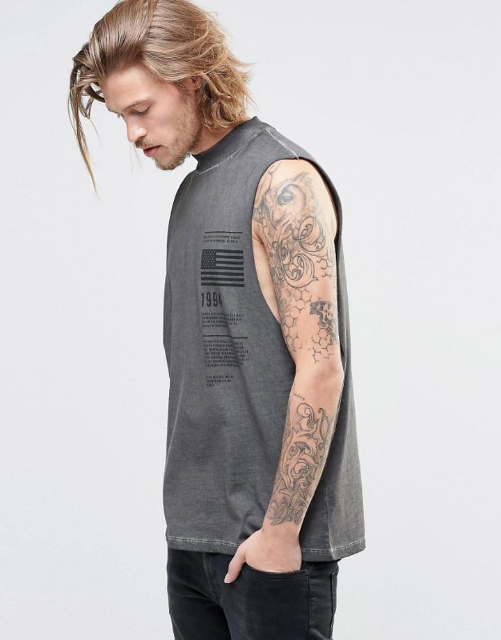 Asos Longline Sleeveless T-shirt With Print And Oil Wash - Black