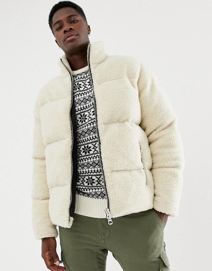 Asos Design Borg Puffer Jacket In Ecru-beige